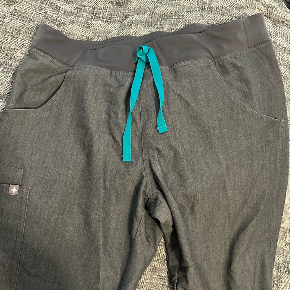 Figs Gray Pants with Teal Drawstring
